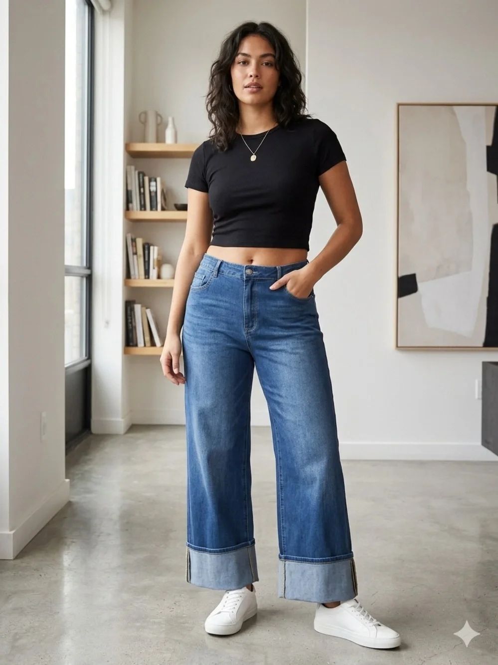 Halara Wide-Leg Dark Blue Cuffed boho grunge Jeans